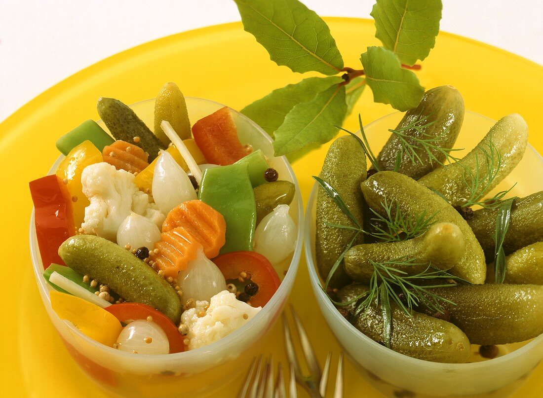 Home-made mixed pickles and pickled gherkins in bowl