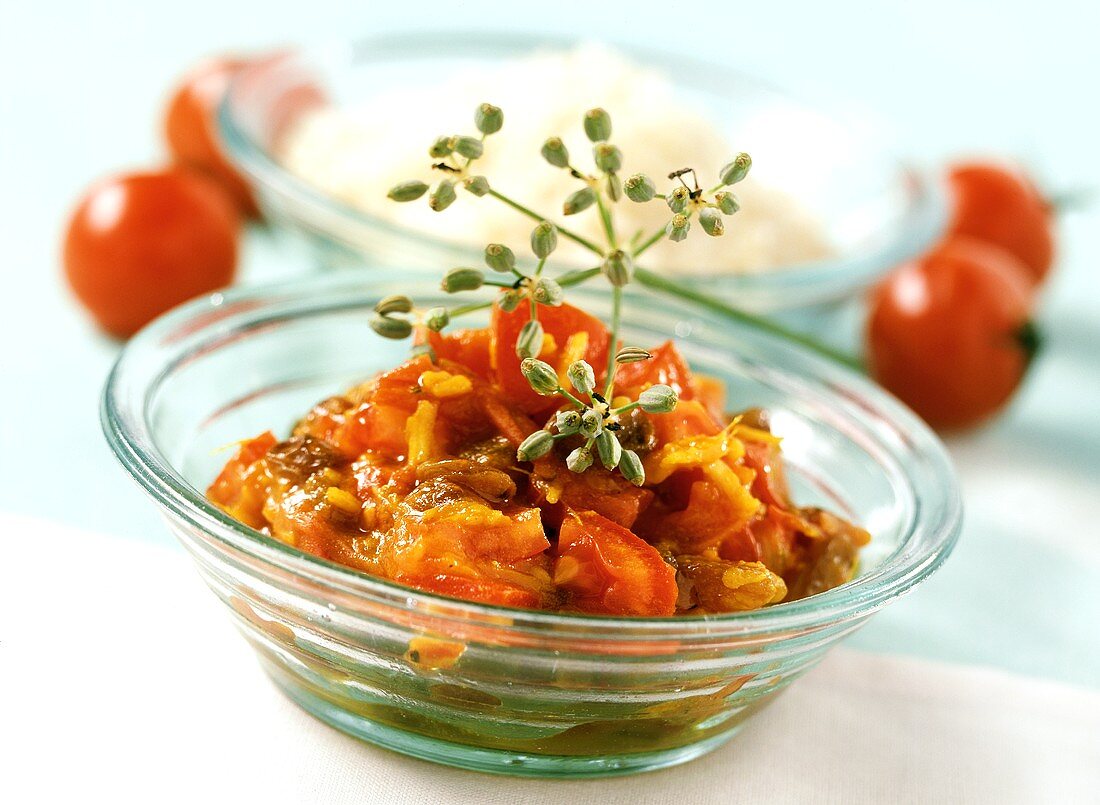 Tomato chutney in a glass bowl