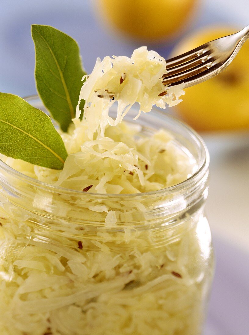 Home-made sauerkraut in jar and on fork
