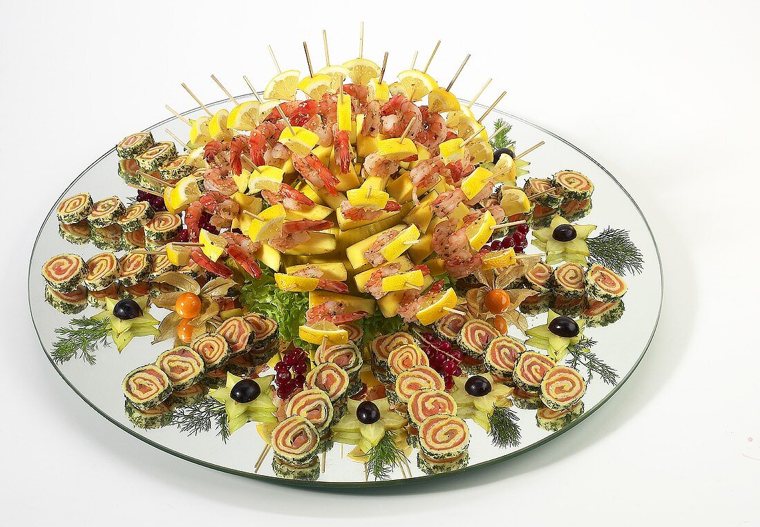Platter of decoratively arranged snacks