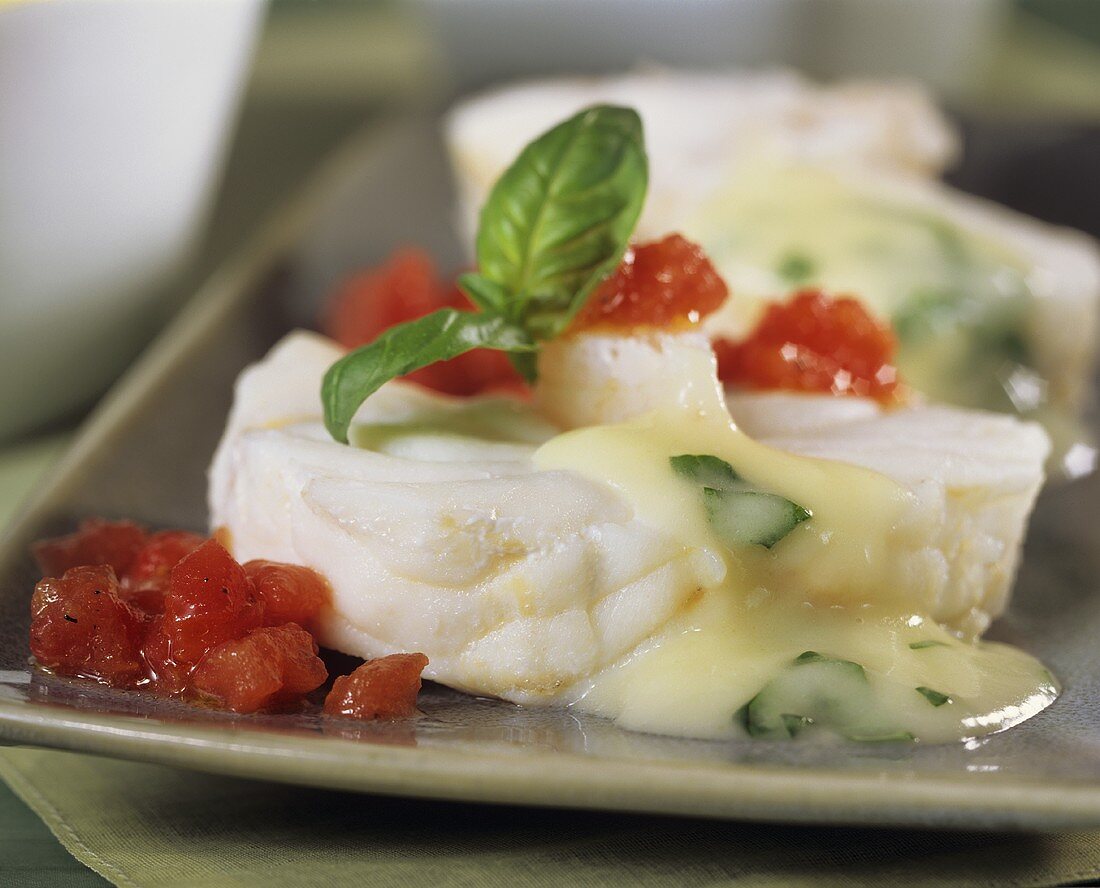 Poached monkfish with diced tomatoes and basil sauce