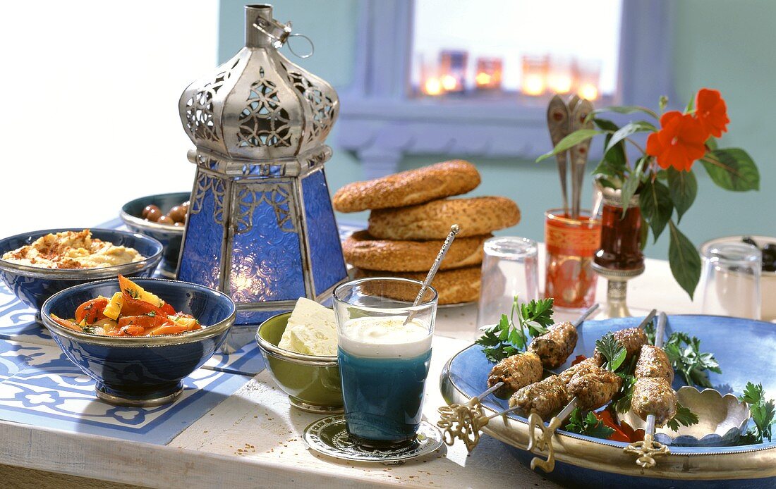 Turkish buffet with lamb meatball kebabs, salad, yoghurt etc