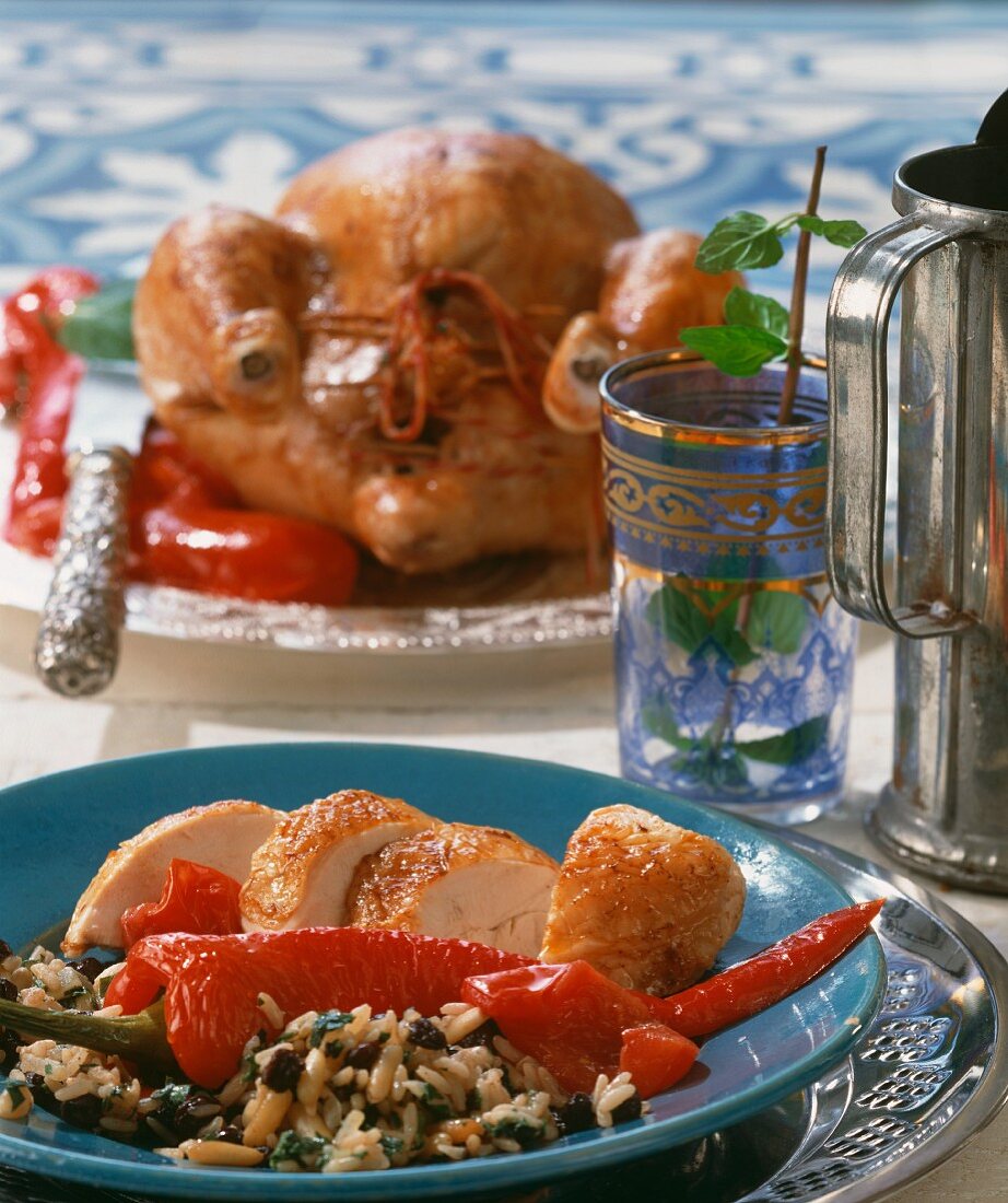 Chicken with Middle Eastern stuffing: rice, pine nuts, raisins