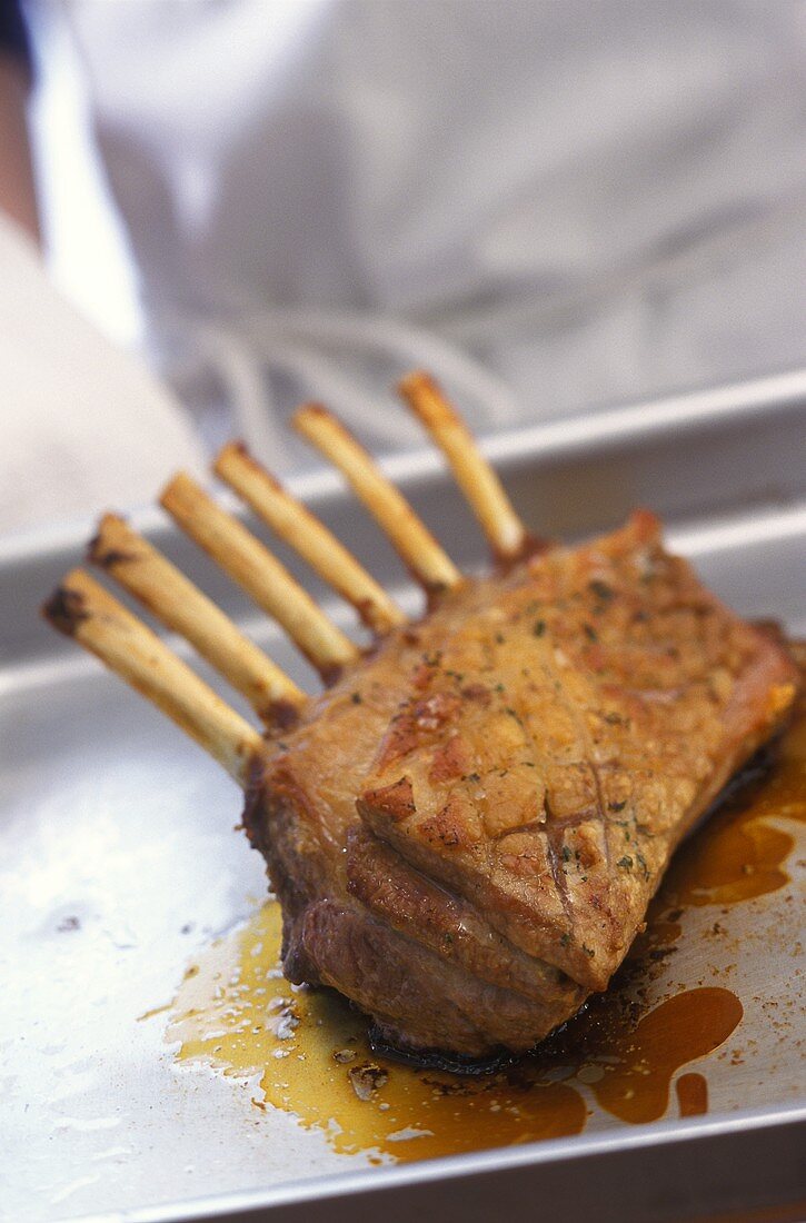 Whole roast rack of lamb on a baking tray