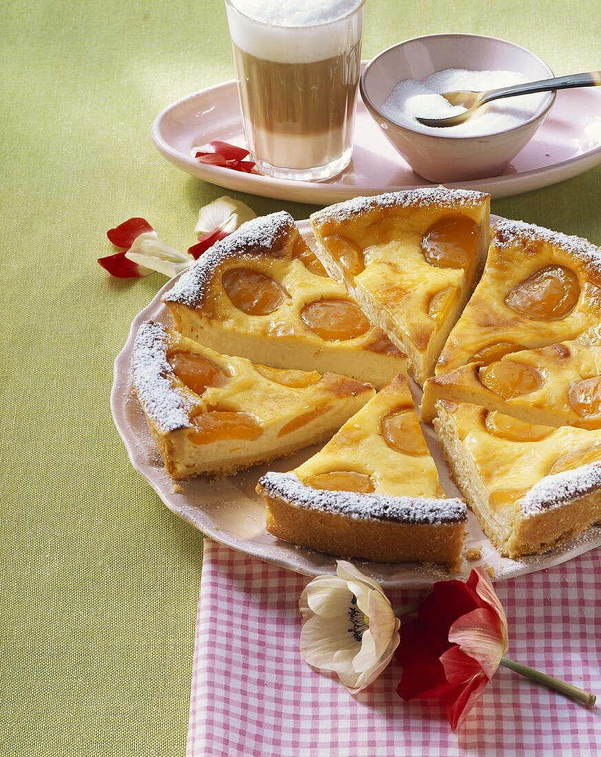 Aprikosen-Quark-Tarte, in Stücke geschnitten