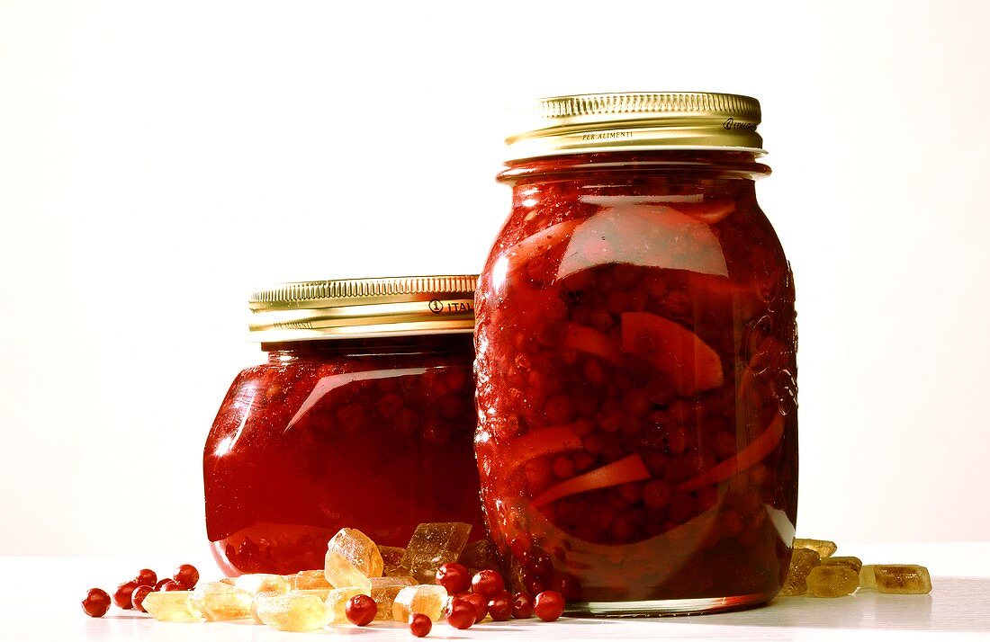 Cranberry compote in preserving jars