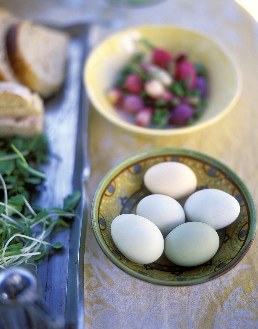 Still life with eggs in dish, radishes behind