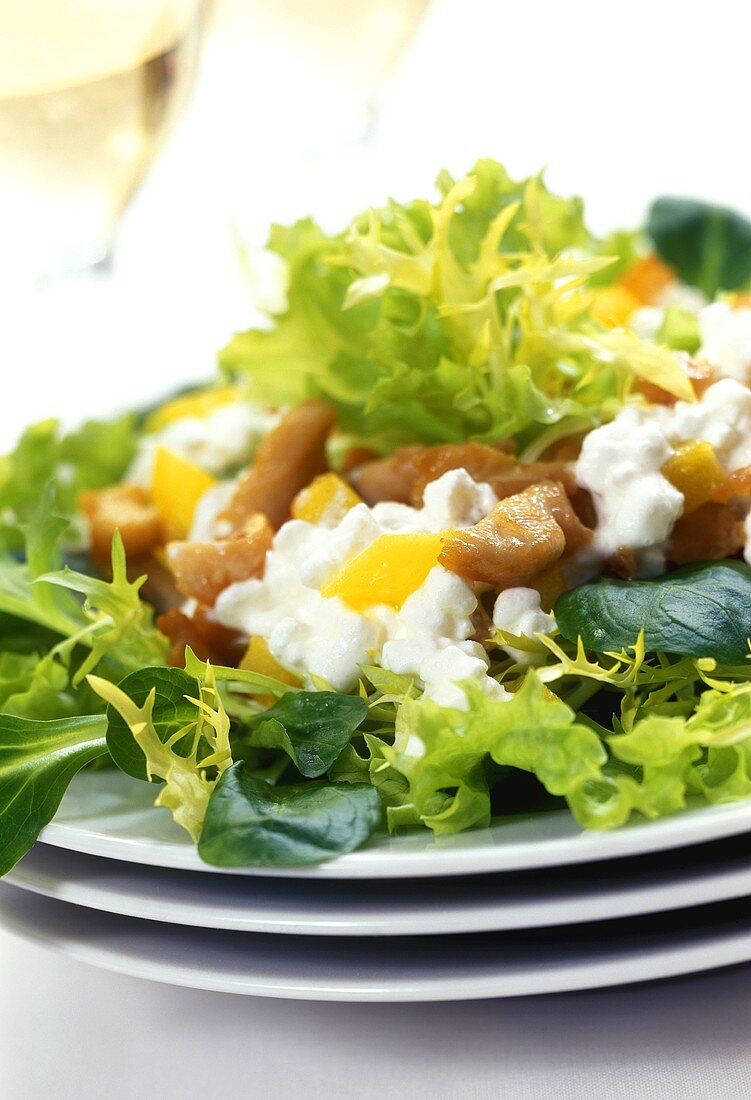 Blattsalate mit Hühnerbrustfilet und Hüttenkäse