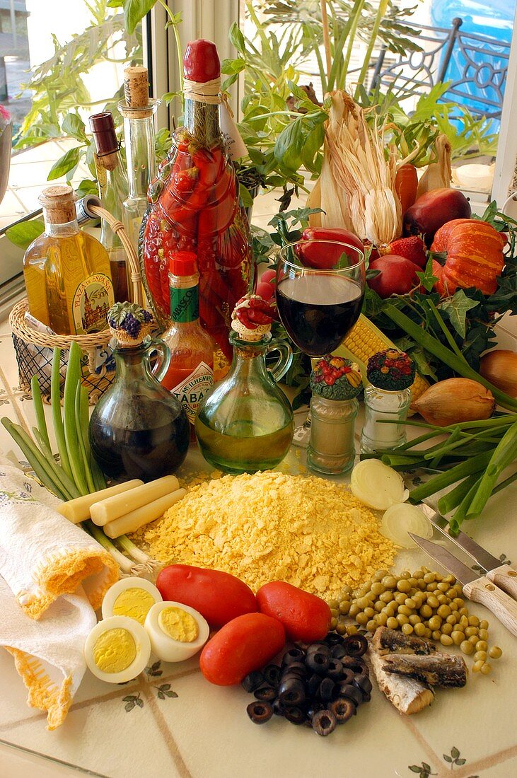 Ingredients for Cuscuz Paulista (corn pancakes with vegetables)