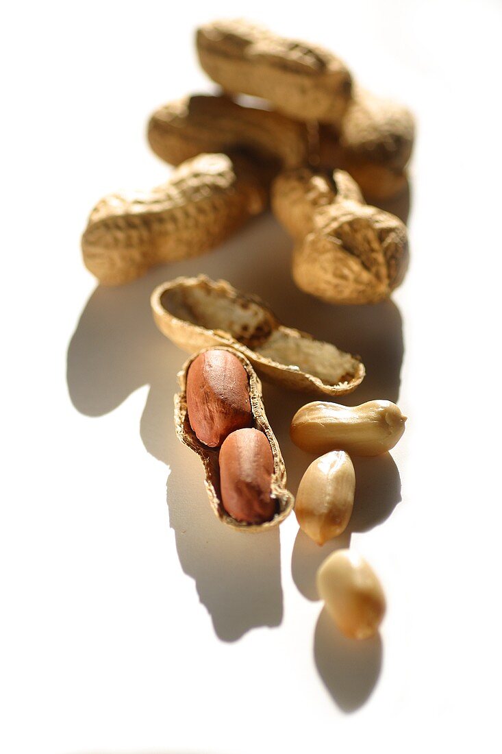 Peanuts, unopened and opened, on white background