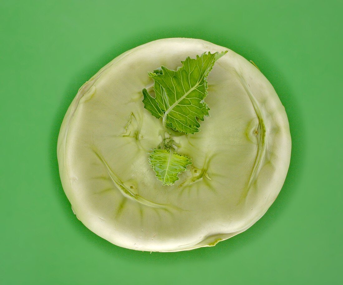 Kohlrabi bulb, from above on green background