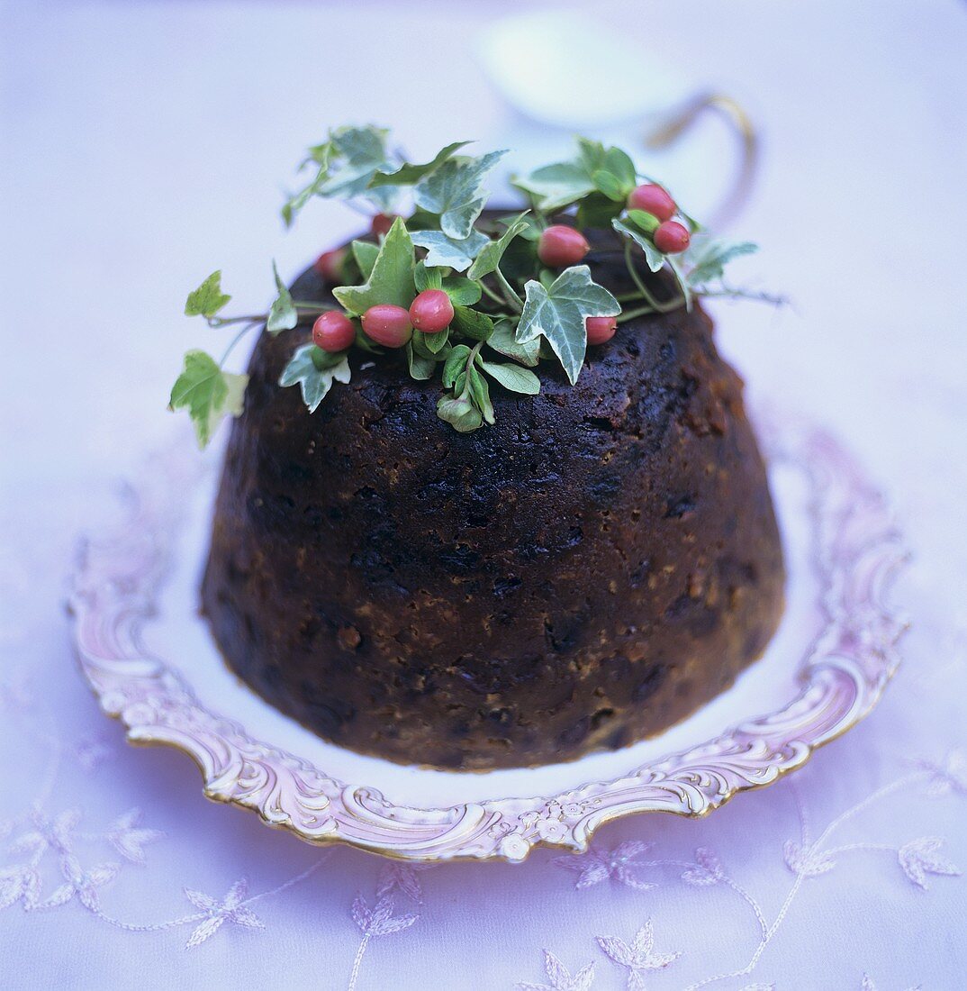 English Christmas pudding on silver plate