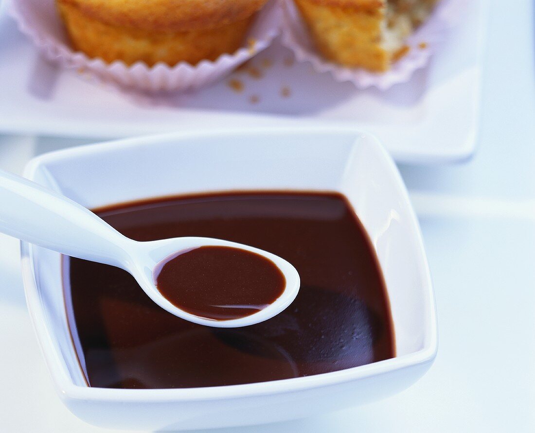 Chocolate sauce in bowl with spoon