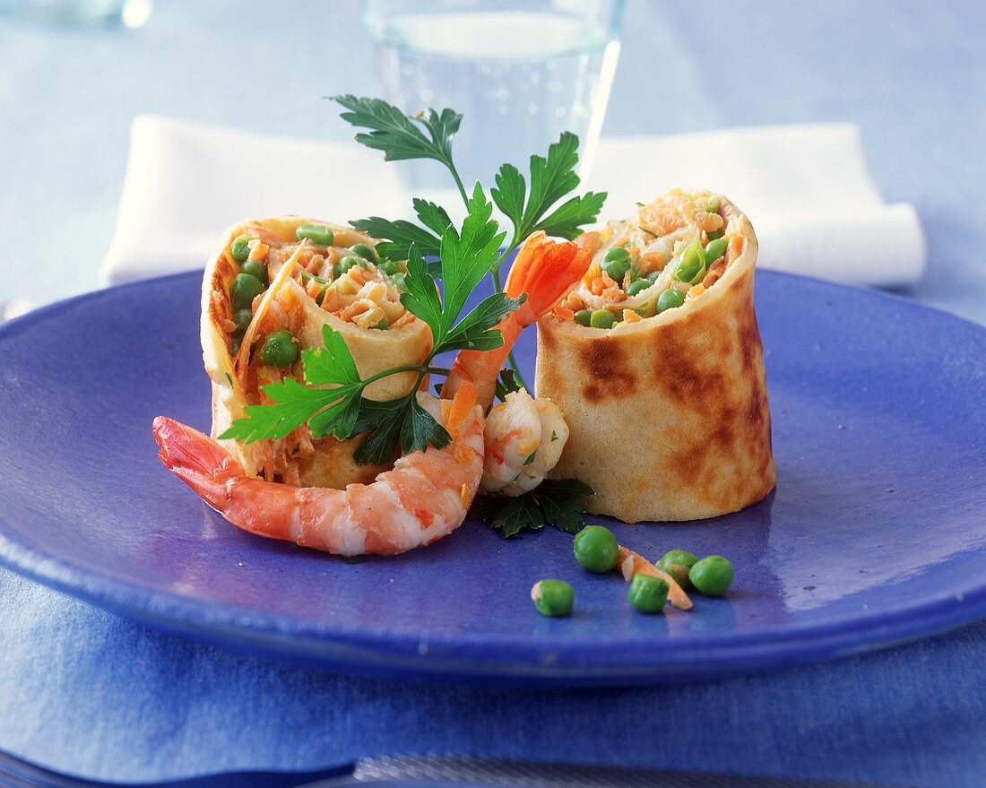 Crepes with shrimp and vegetable filling