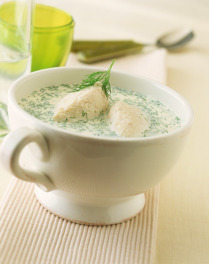 Dill soup with trout dumplings