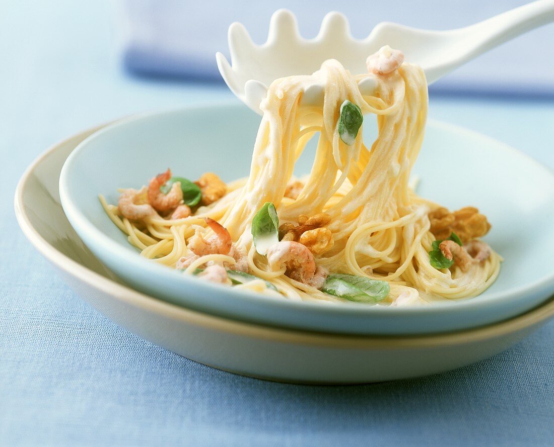 Spaghettini with shrimp sauce, walnuts and basil