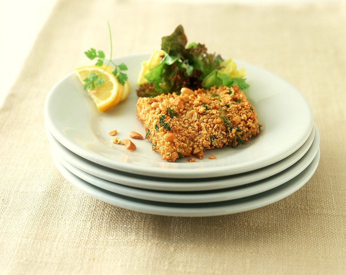 Cod in peanut crust with mixed salad leaves