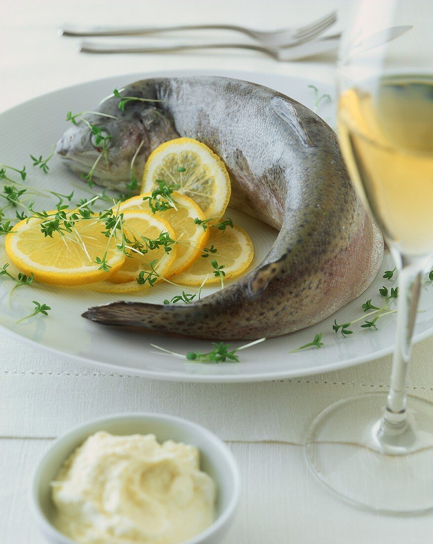 Trout cooked blue with horseradish cream, cress & lemon