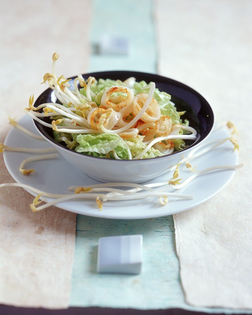 Asian salad with Chinese salad, squid and sprouts