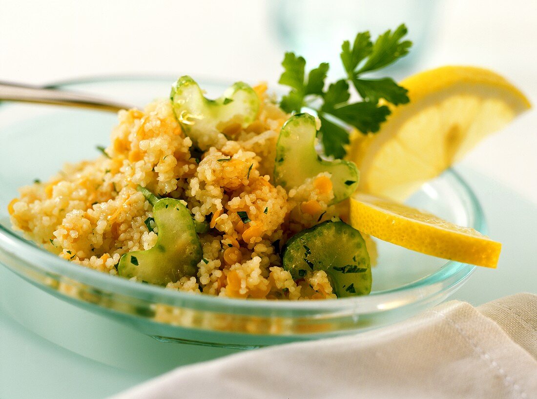 Lukewarm lentil and couscous salad with celery