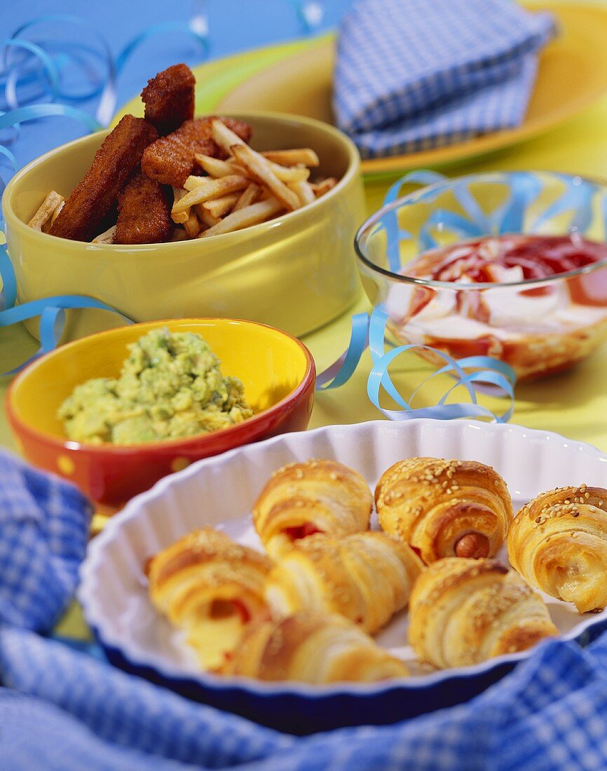 Children's party: fish, chips and dips; mini-croissants