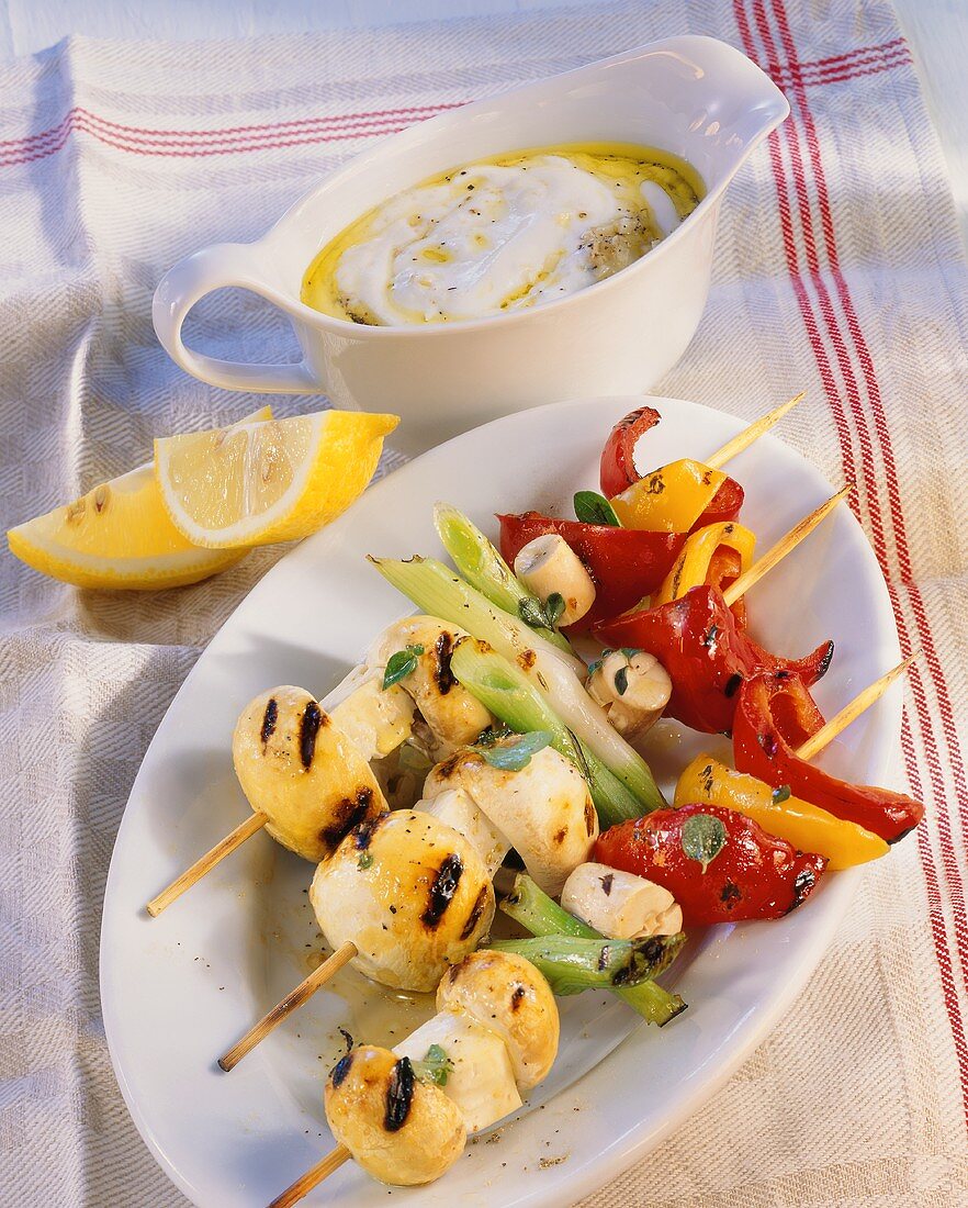 Mushroom and feta kebabs with garlic yoghurt