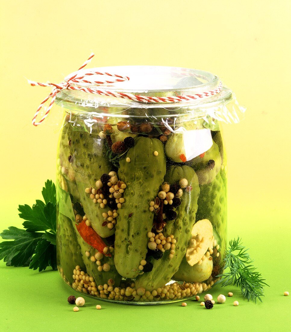 Pickled gherkins in jar