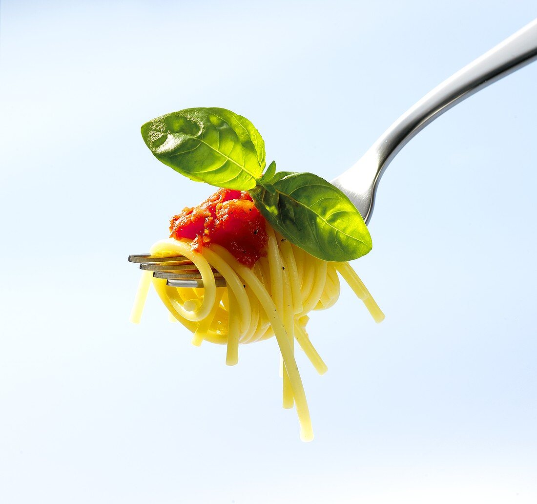 Spaghetti mit Tomatensauce und Basilikum auf Gabel