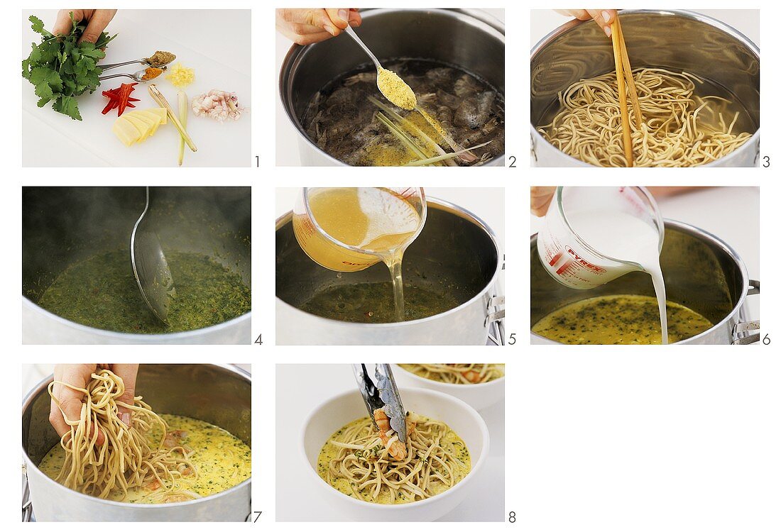 Making laksa (shrimp soup with noodles)