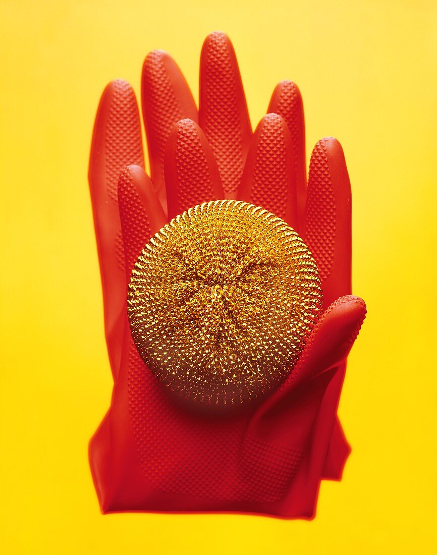 Rubber glove with pan scourer