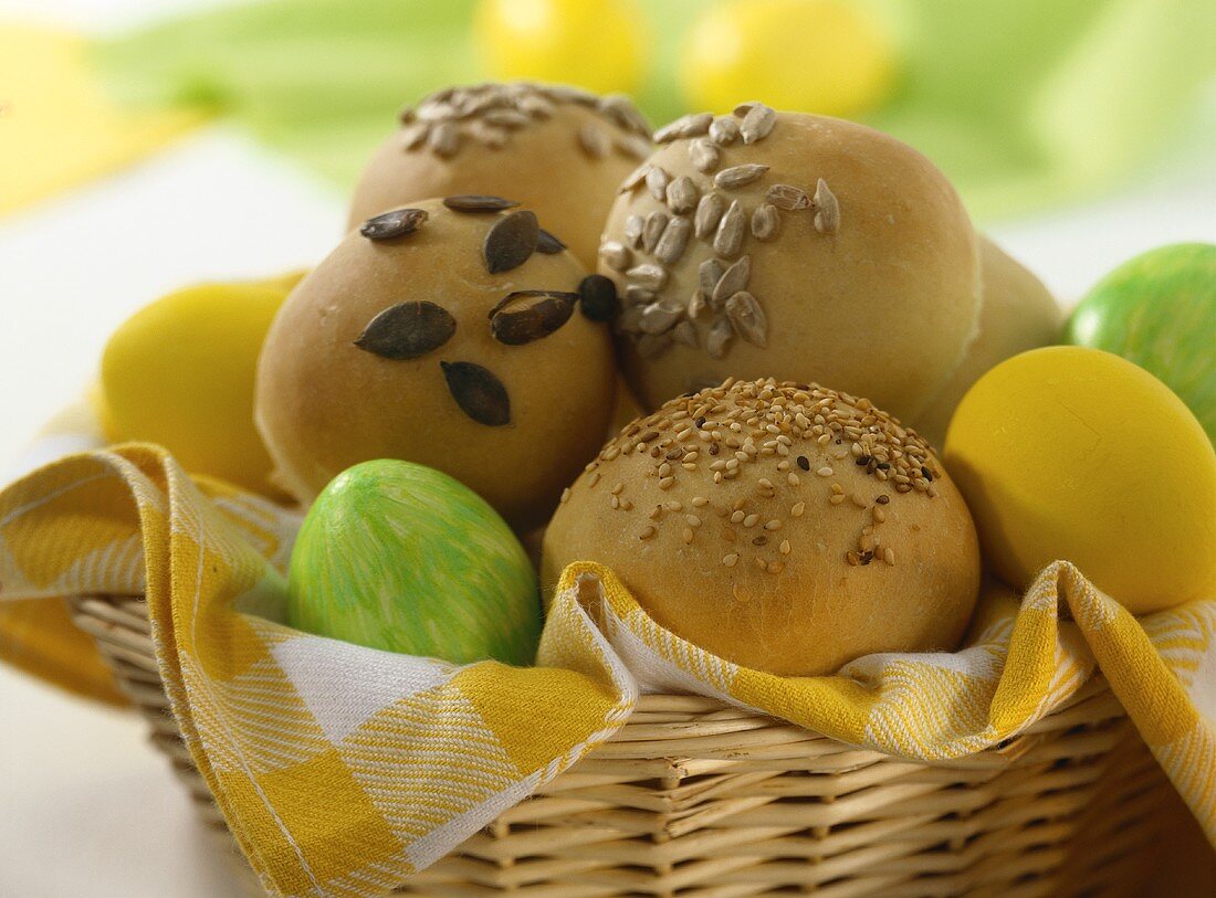 Basket of Easter rolls and Easter eggs