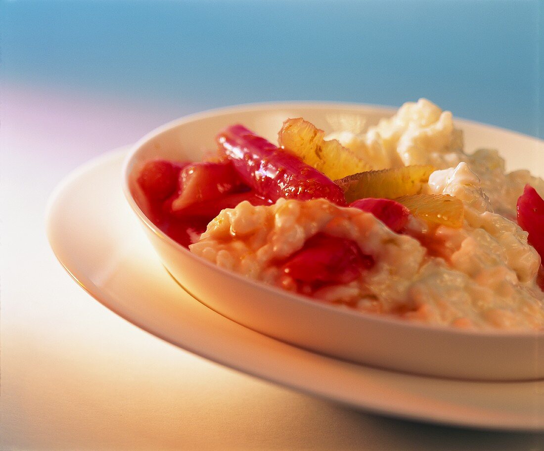 Coconut rice pudding with rhubarb and lime compote