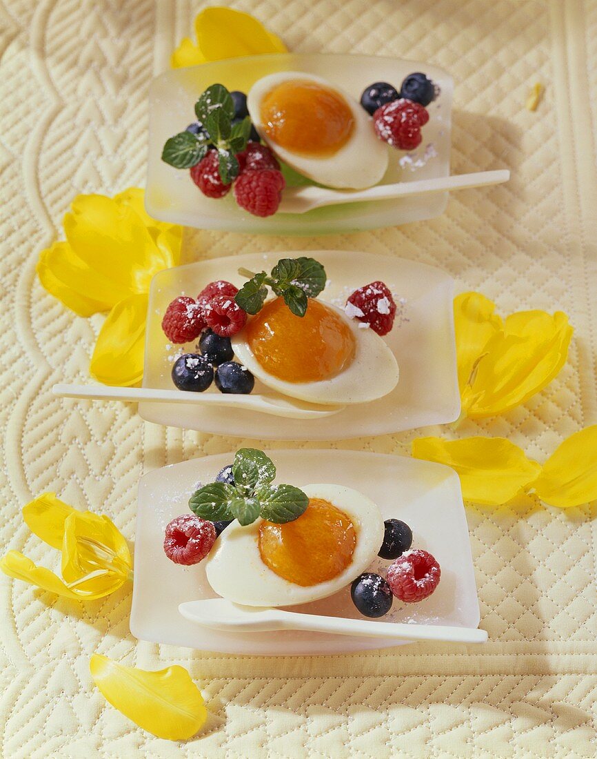Egg-shaped cream and marzipan blancmange with apricot