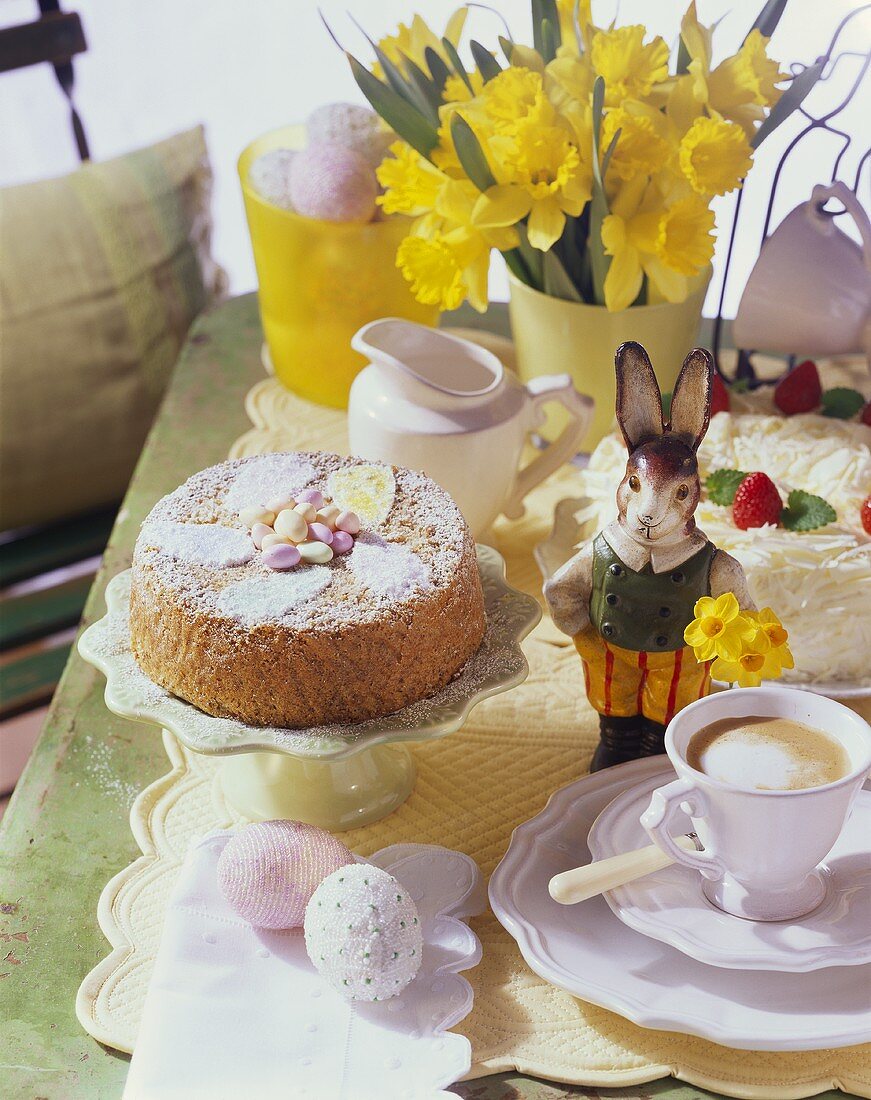 Easter table with nut cake and coffee