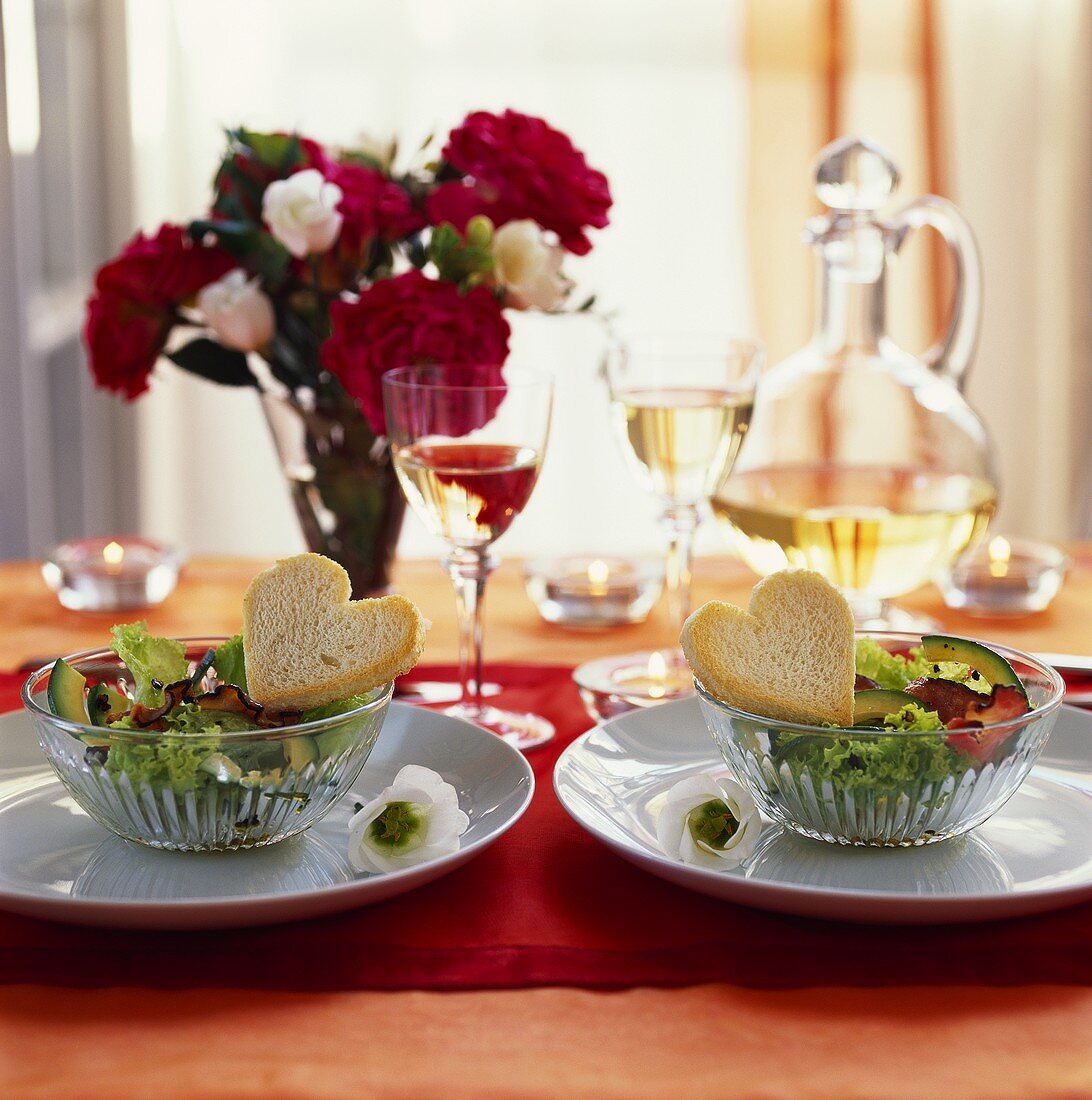 Avocado salad with toast hearts