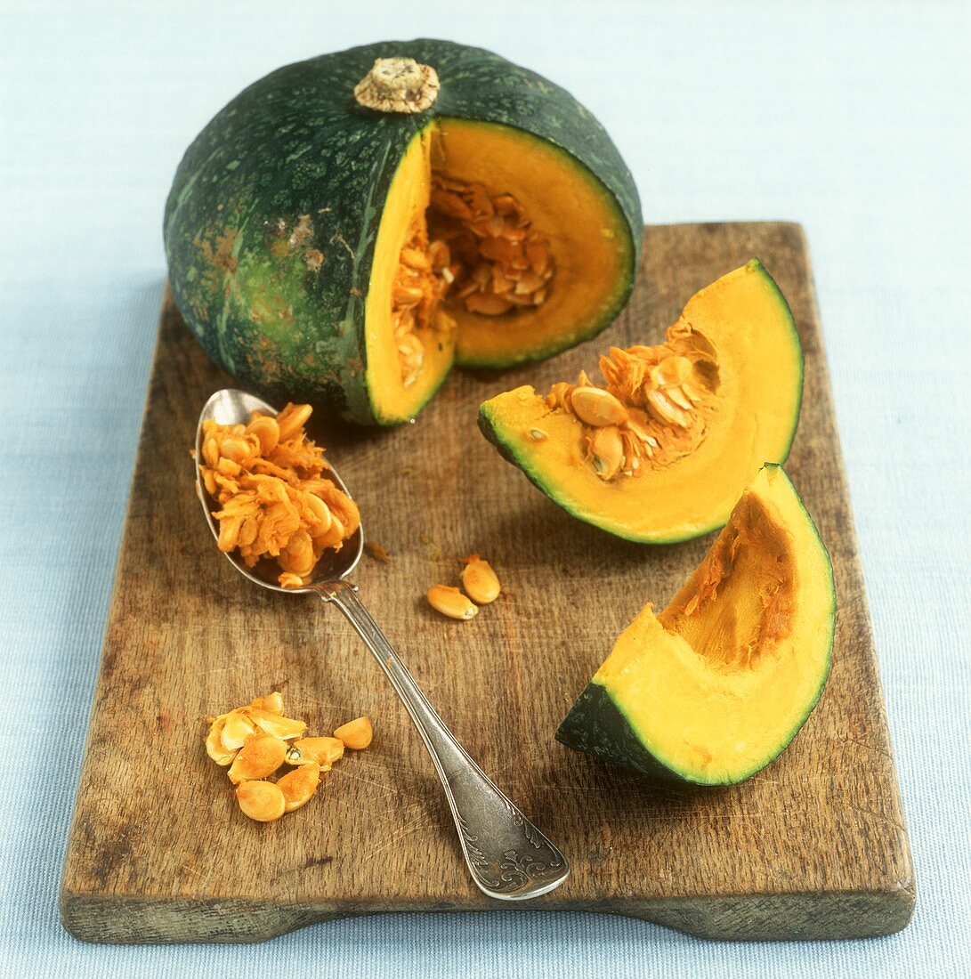 Pumpkin, slices cut, and pumpkin seeds