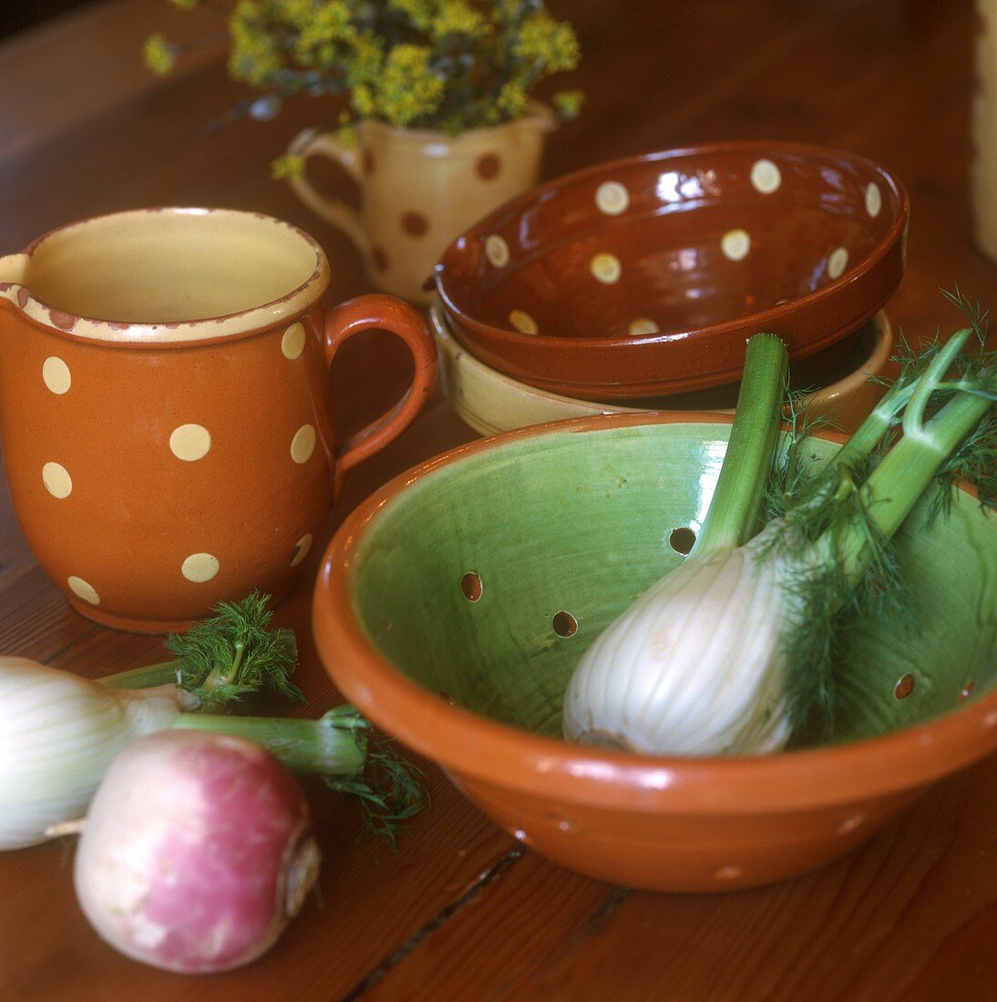 Still life with fennel, turnip and pottery