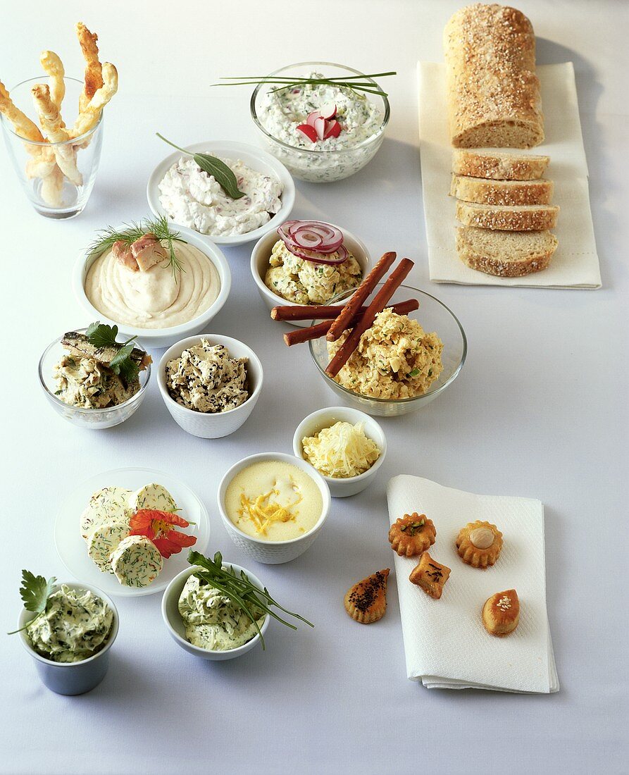 Several different sandwich spreads for party or buffet