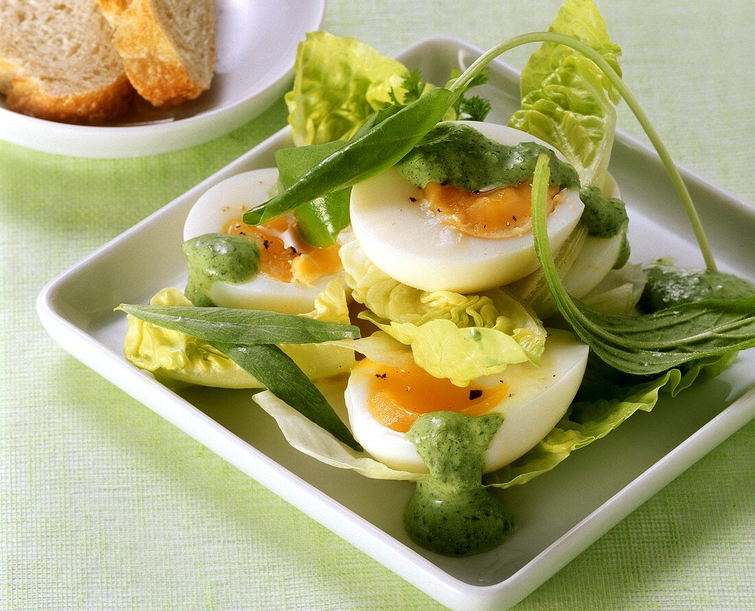Frankfurter salad with egg and green sauce