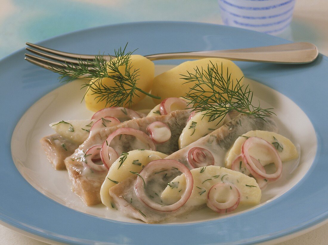 Matje herrings with boiled potatoes and creamy apple sauce