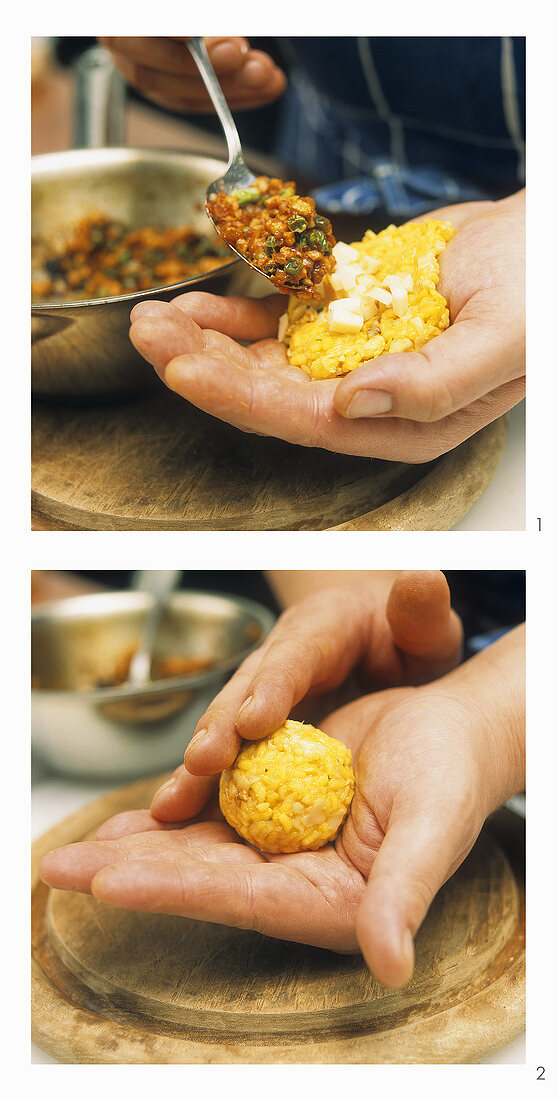 Making deep-fried, stuffed rice balls