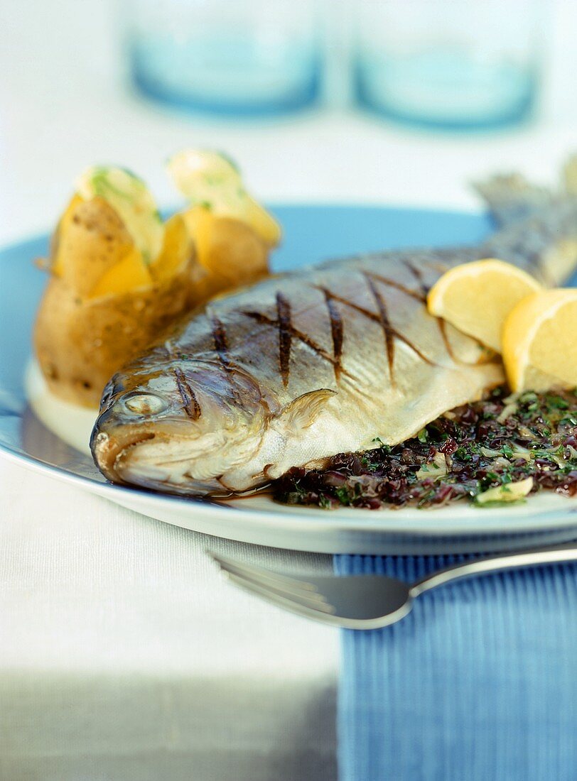 Barbecued trout with herb stuffing