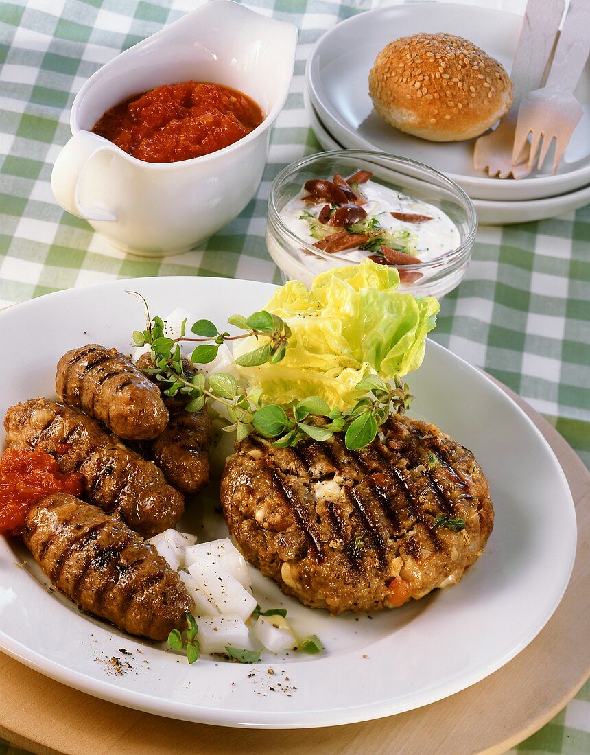 Barbecued mince rolls (cevapcici) & Vienna steak with feta