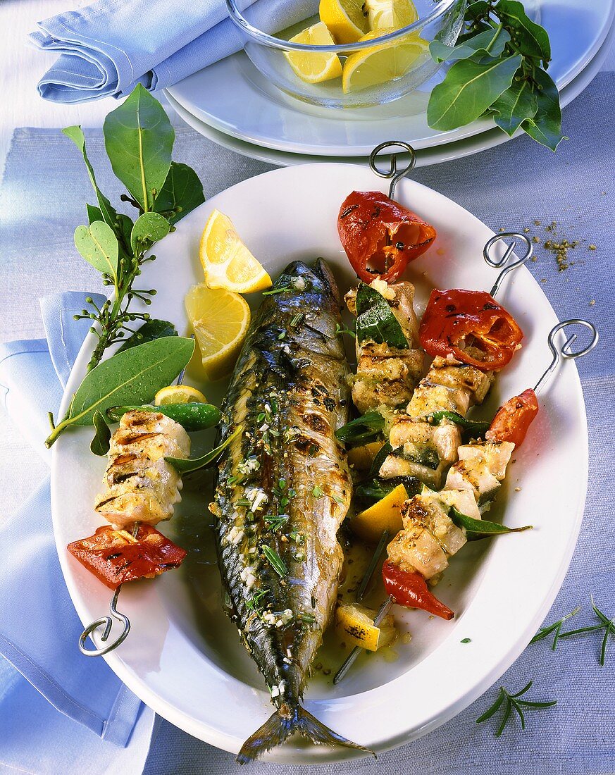 Barbecued mackerel with herbs and swordfish kebabs