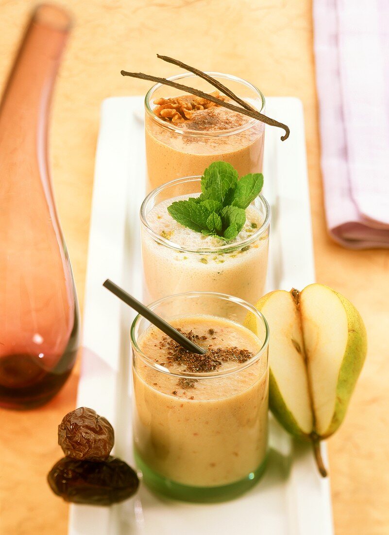 Pear and date, orange and mint and sea buckthorn milkshakes