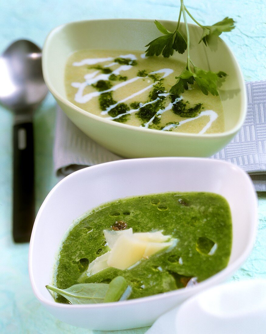 Green fennel soup (front), root vegetable & herb soup (behind)