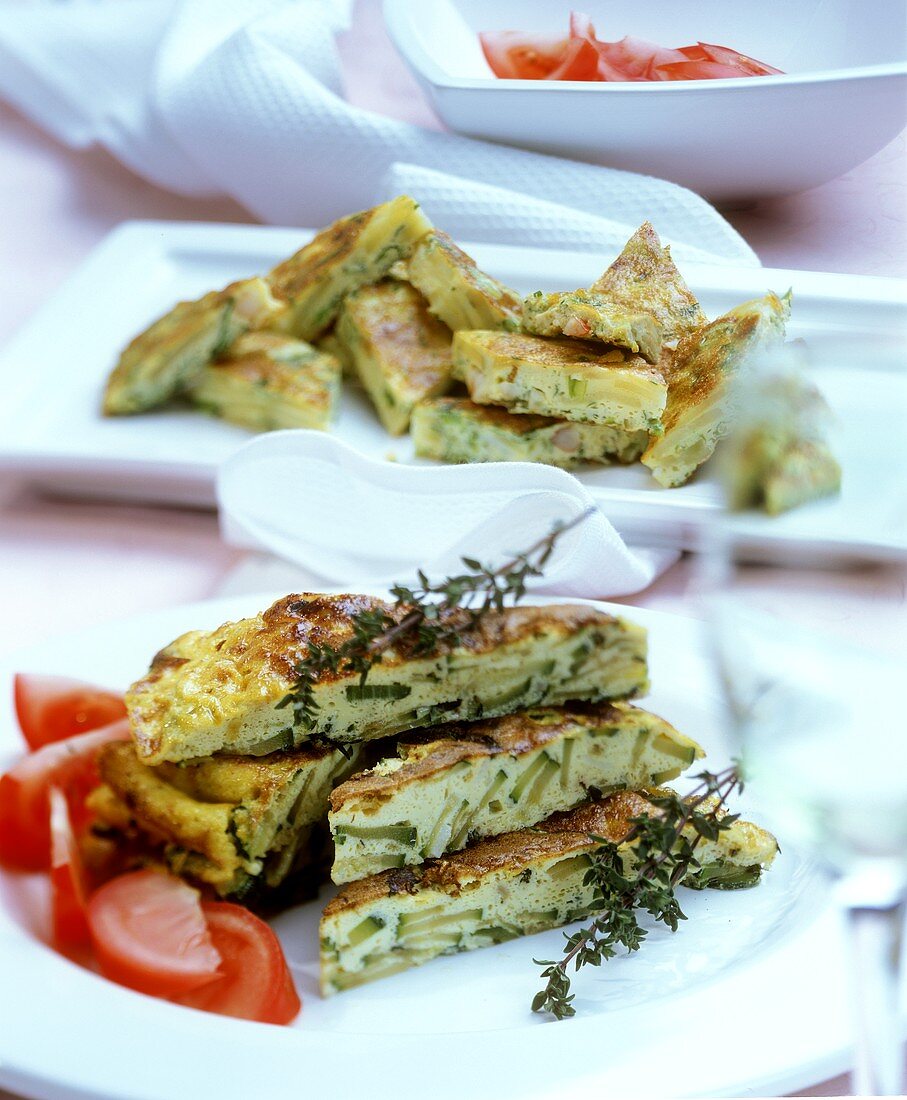 Courgette frittata and tortilla with shrimps