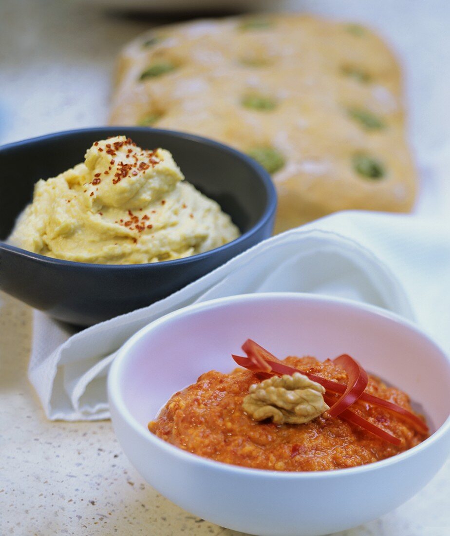 Hummus and pepper and walnut paste
