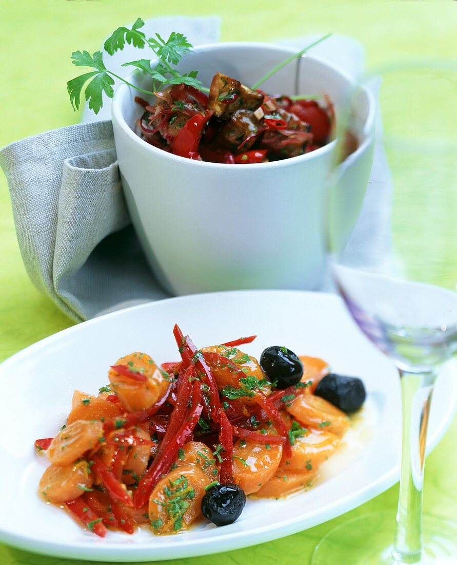 Spicy carrots with peppers; spicy aubergine salad