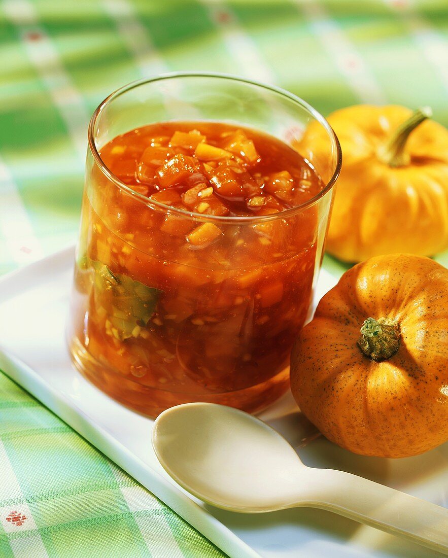 Hot pumpkin chutney in jar